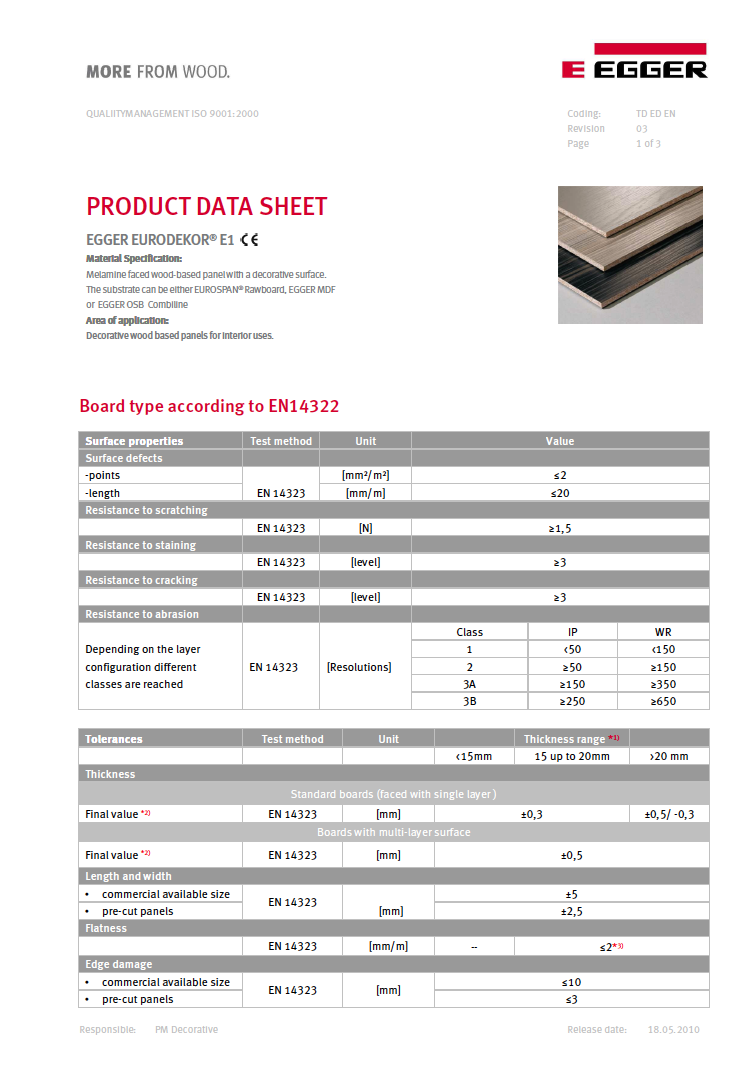 Cookstown Panel Centre Egger MFC Data Sheet